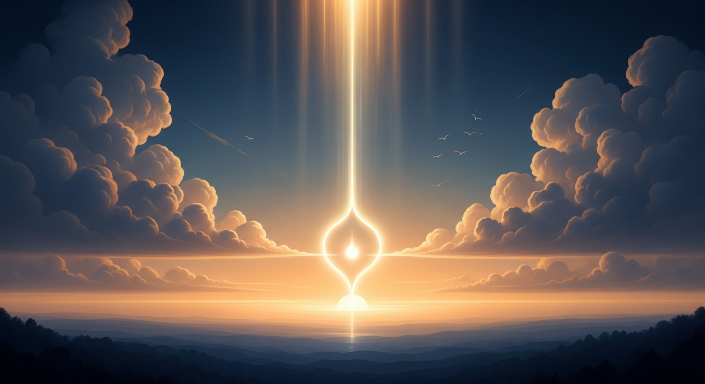 Heaven and earth aligning — a radiant light descending from above meeting the glowing light of the soul rising from below, symbolizing God’s perfect harmony