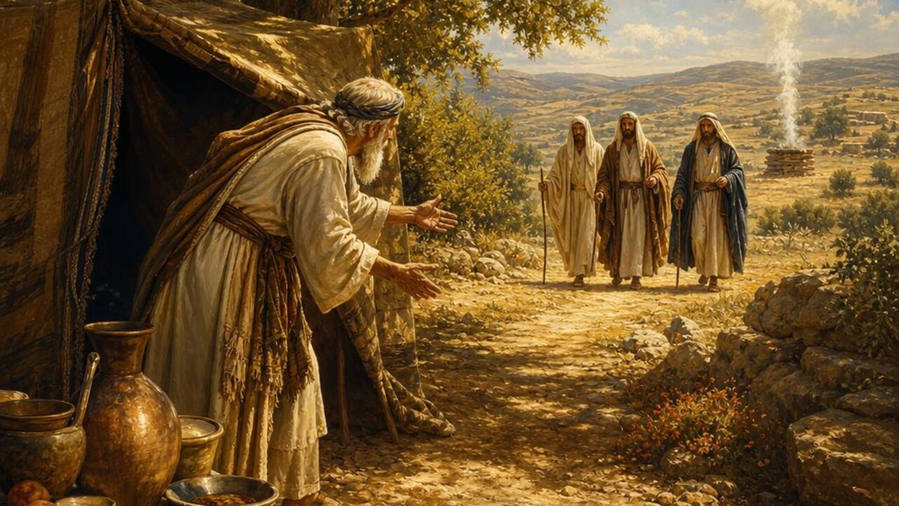 Abraham hurrying from his tent door beneath the oaks of Mamre to welcome three travelers in the heat of the day, with a simple stone altar in the distance &mdash; a picture of the justice, mercy, and humble walk with God that Micah 6:8 describes