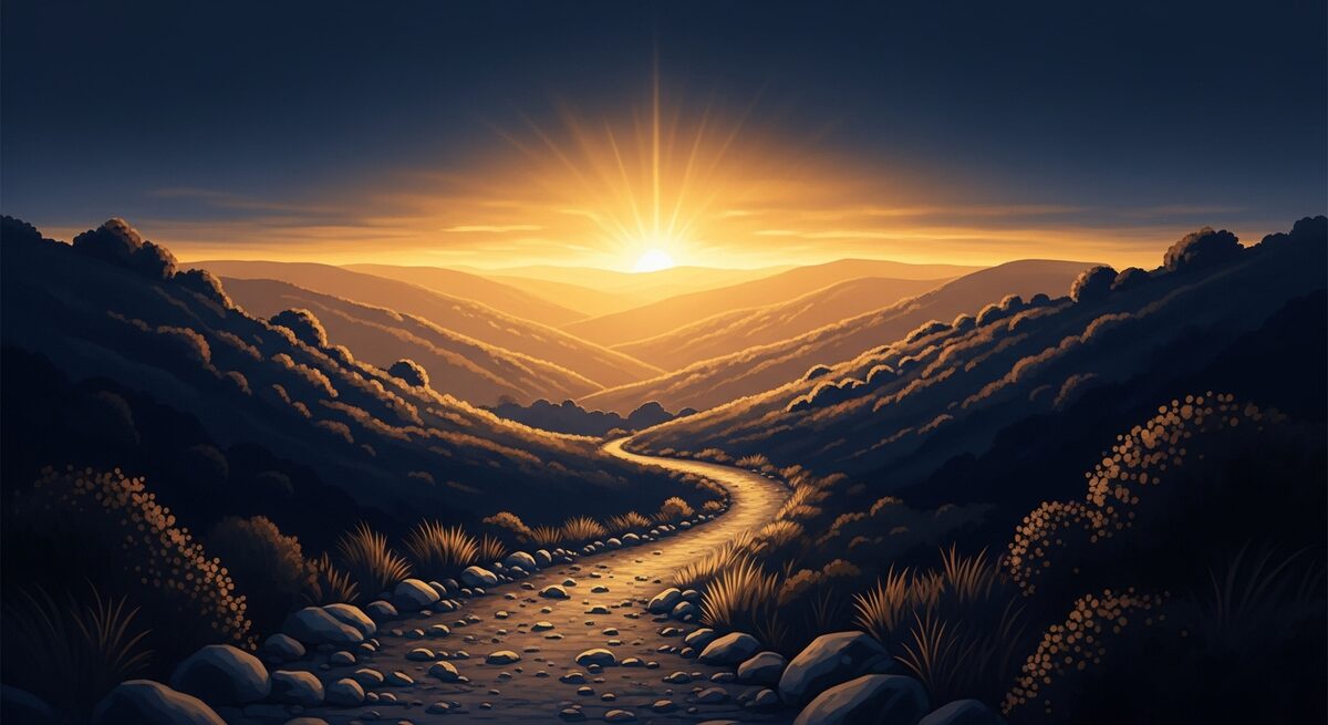 A winding path through Judean hills leading toward a glowing sunrise, symbolizing returning to God